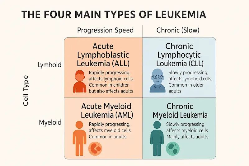 Leykozning to'rtta asosiy turini tushuntiruvchi infografika: o'tkir va surunkali, limfoid va miyeloid leykozlar va ularning tavsifi.