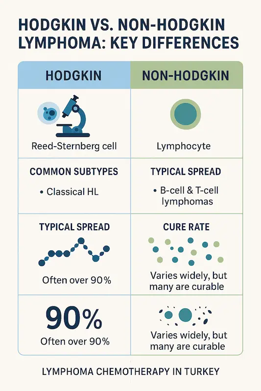 Xodgkin va Noxodgkin limfomasi o'rtasidagi asosiy farqlarni ko'rsatuvchi infografika: hujayra turi, tarqalishi va Turkiyadagi davolash muvaffaqiyati.