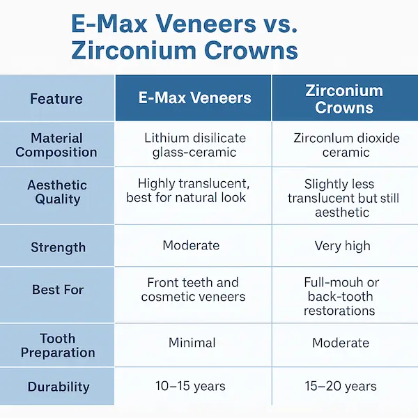 e-max veneers vs zirconium crowns