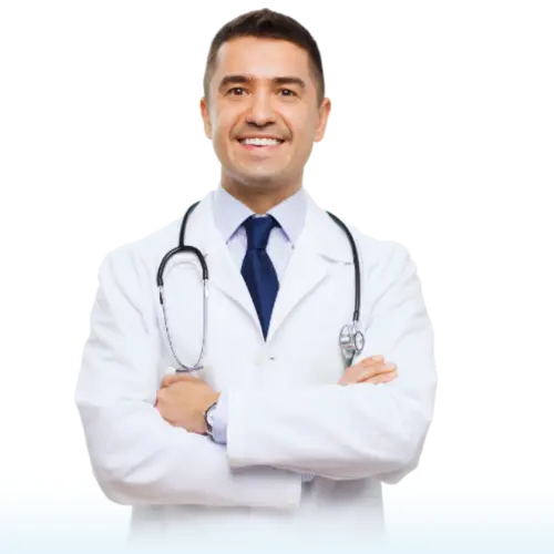 Smiling doctor on the form offering free consultation
